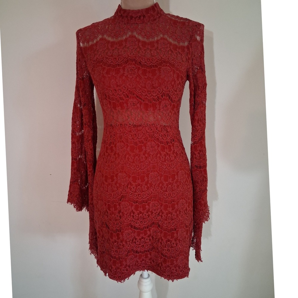 Lulus Cramberry Red Floral Lace High Neck Bell Sleeve Bodycon Mini Dress Large